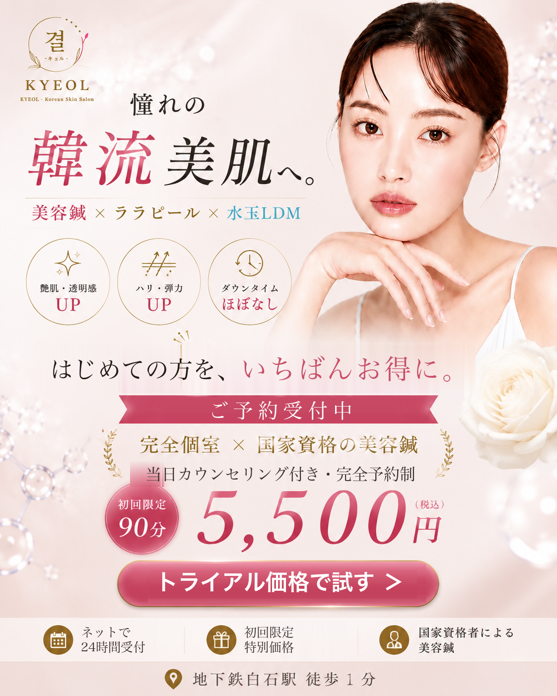キョル（결）憧れの韓流美肌へ｜美容鍼×ララピール×水玉LDM｜初回限定90分5,500円 ご予約受付中｜地下鉄白石駅 徒歩1分